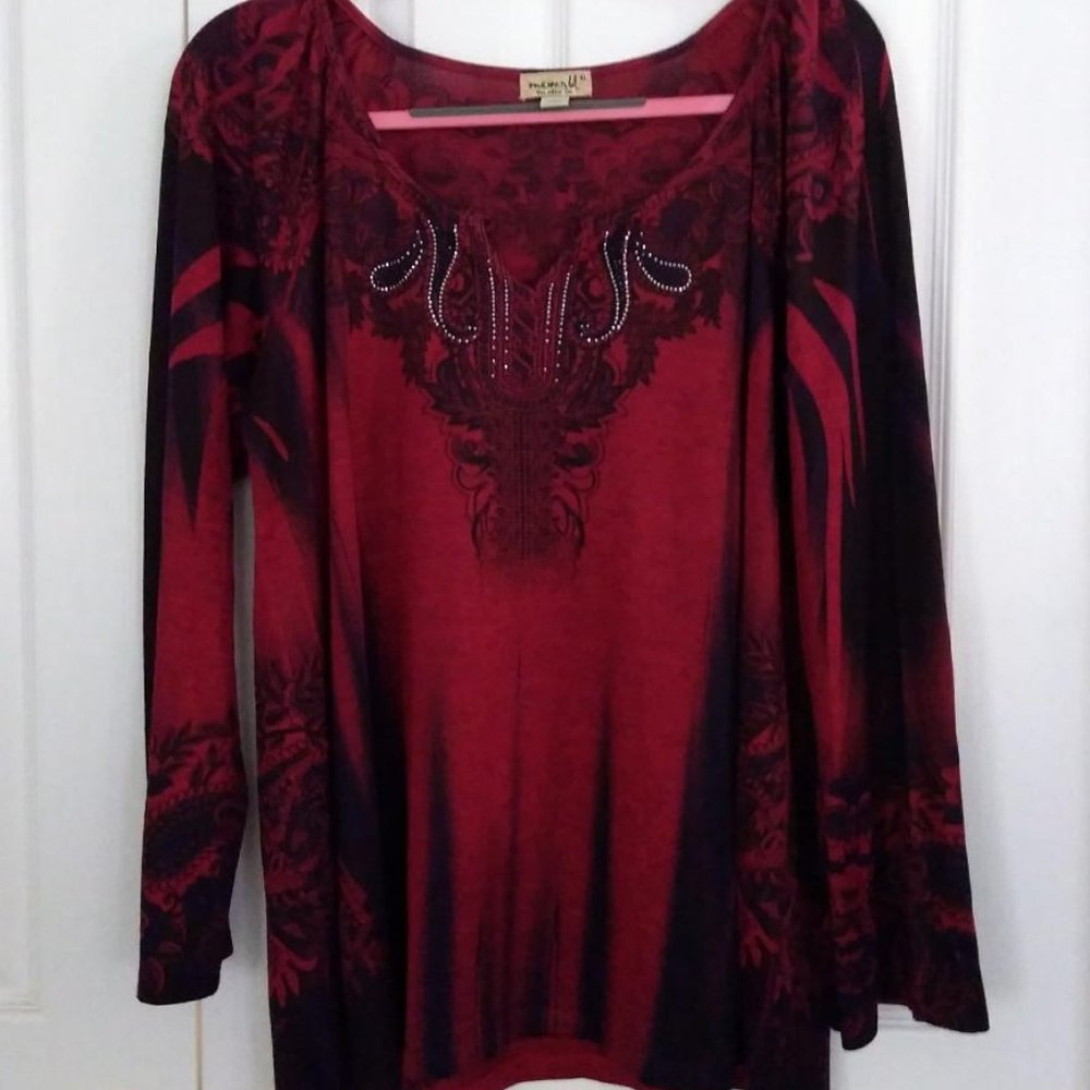 Long Sleeved Knit Top with Beaded Neck Trim